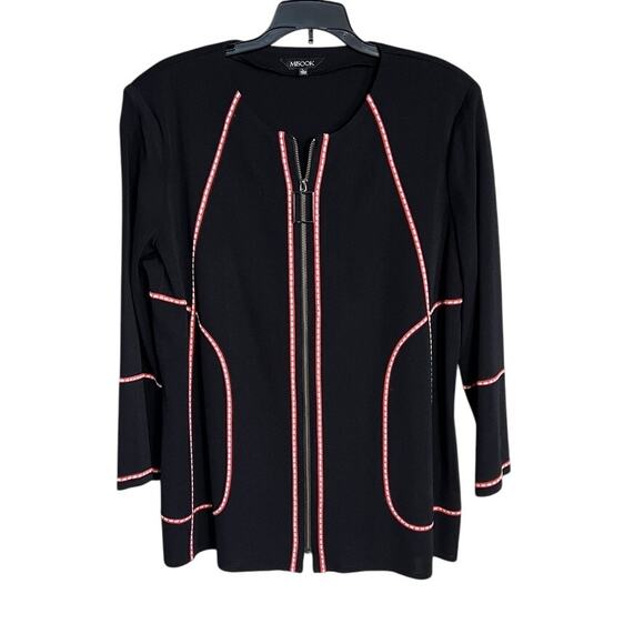 Misook Zip Front Cardigan Sweater Black Coral Pink Trim Long Sleeve Black Large - Picture 1 of 8
